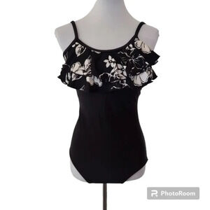 Y2K Ceeb Black White One Piece Floral Ruffled Neck Spaghetti‎ Strap Swimsuit